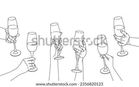 Women hands holding wine glasses with alcohol. Girlfriends gathering at the party. Female friendship concept.  Holiday event, hen-party, celebrate birthday. Monochrome vector line art illustration.  Royalty-Free Stock Photo #2356820123