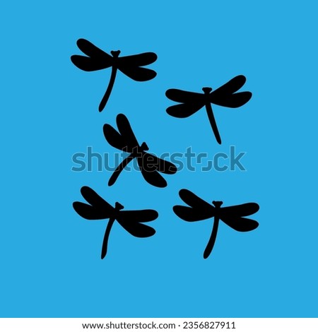 Silhouette dragonfly black on blue background. Vector illustration
