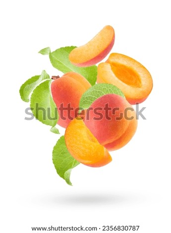 Juicy orange apricot with pink side, green leaves closeup fly as flow, art composition. Whole, half, pieces fruits, isolated on white background. Summer fruits for advertising, design, label product.
