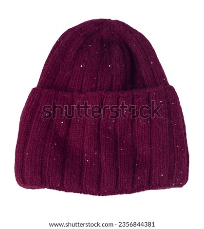 burgundy hat isolated on white background .knitted hat . Royalty-Free Stock Photo #2356844381