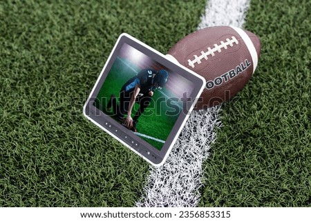 Mobile phone with football ball and field on the screen. Sports theme and applications. illustration Isolated on white background.