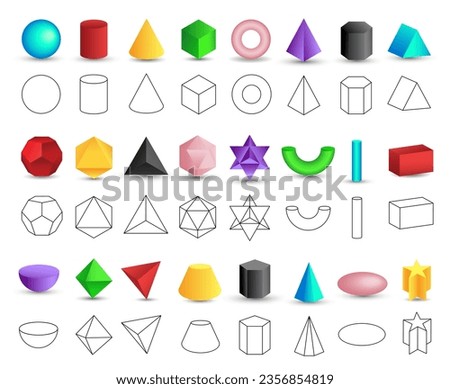 Set of vector realistic 3D colorful geometric shapes isolated on white background. Mathematics of geometric shapes, linear objects, contours. Platonic solid. Icons, logos for education, design Royalty-Free Stock Photo #2356854819