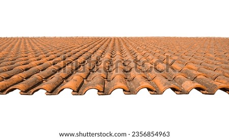 Weathered red tile roof with midday overhead sunlight, isolated on empty background