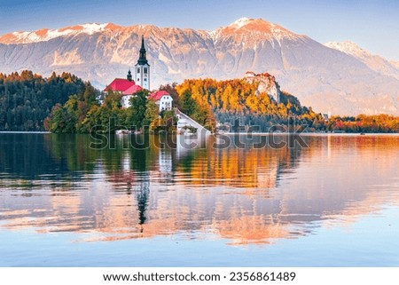 Bled, Slovenia. Lake Bled in Julian Alps, in beautiful sunset light autumn colors, travel in Europe.