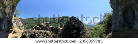 Panoramic view of the Oltet gorge from Outlaw Surah, Baia de Fier, Gorj, Romania Royalty-Free Stock Photo #2356869985