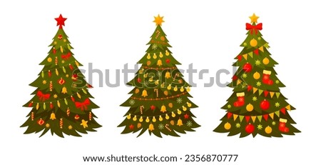 Xmas fur trees. Cartoon Christmas decorated green xmas trees, winter holiday symbols. Christmas fir trees flat vector illustration set