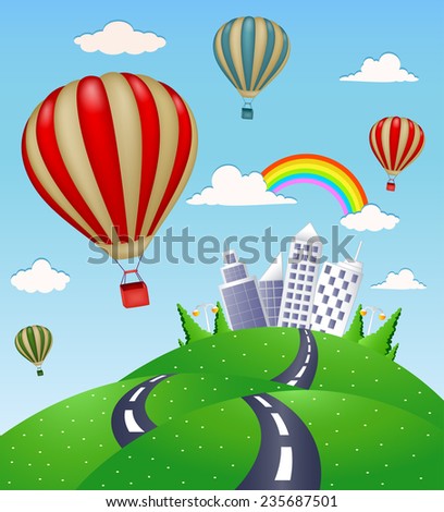 Fantasy landscape with road and hot air balloon