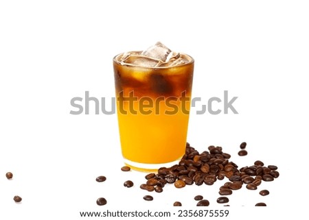 Americano ice coffee and coffee beans spread in white background with isolated picture style.