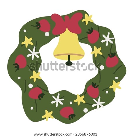 Christmas wreath with bell, bow, berries, stars and snowflakes on the Christmas tree. holiday decoration