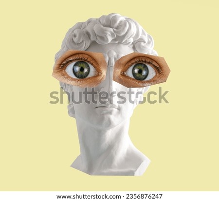 Ancient statue head with big green eyes collage on yellow background.  Royalty-Free Stock Photo #2356876247