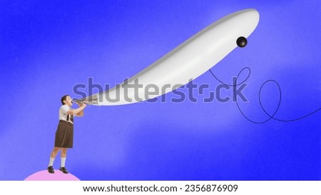 Contemporary art collage. Minimal picture little boy dressed retro shouting to vintage megaphone from which flies out white ghost over vivid blue background. Concept of mystery, fantasy, halloween.
