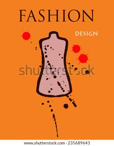 Fashion design abstract vector illustration. mannequin shape with ink splashes in orange background