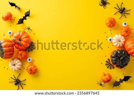 Immerse in the festivities of spooky Halloween evening. Bird's-eye view picture of pumpkins, spiders, human eyes and Halloween decorations on yellow isolated surface. Suitable for advertising or text
