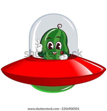 Vector mascot, cartoon and illustration of a cute watermelon fruit riding a ufo alien plane