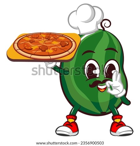 Vector mascot, cartoon and illustration of a cute watermelon being a chef with a pizza while giving a delicious sign