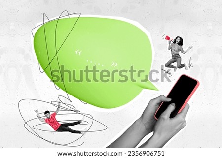Creative composite photo collage of hands typing message on smartphone announcing big sale in eshop isolated on drawing background
