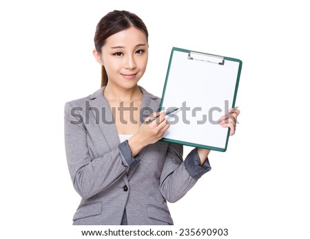 Businesswoman show with clipboard