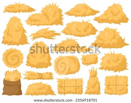 Dry farm haystack, bale, pile and heap stack, straw in rolls, fodder bundle, sack bag isolated agricultural set. Rural haycock, countryside grass, wheat or rye haymow and farming vector illustration Royalty-Free Stock Photo #2356918701