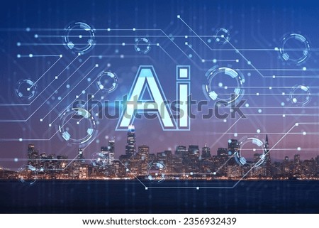 Skyline of San Francisco Panorama at Illuminated night time from Treasure Island, California, United States. Artificial Intelligence concept, hologram. AI, machine learning, neural network, robotics