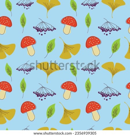 Autumn seamless pattern with cute mushroom, leaves, elder berries, gingko biloba leaf. Fall or forest themed background. Suitable for decorating children's projects. Hand drawn vector illustration.
