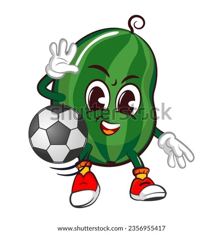 Vector mascot, cartoon and illustration of a cute watermelon fruit playing soccer with a soccer ball