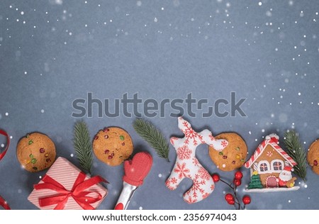 Christmas Decoration over the Dark Wooden table background. Flat lay composition