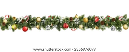 Vector Christmas Branches Border with Christmas Decorations isolated on white background Royalty-Free Stock Photo #2356976099