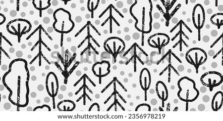 Forest. Different trees in line art style, texture doodles. Vector seamless pattern