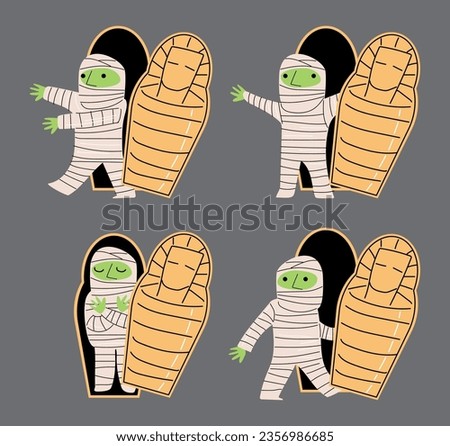 Set of cute Mummy and coffin . Halloween cartoon characters . Doodle drawing style . Vector.