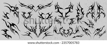 Neo tribal tattoo vector set, Celtic gothic cyber body ornament shapes kit, abstract Hawaiian sign. Maori sleeve symbol y2k Polynesian metal abstract symmetry swirl wing. Neo tribal silhouette clipart Royalty-Free Stock Photo #2357005783