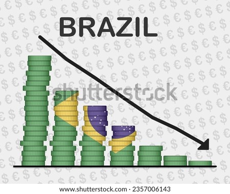 Brazil economic collapse, decreasing values with coins, crisis and downgrade concept, Brazil flag with changes, falling arrow, news banner idea, fail and decrease, financial decline
