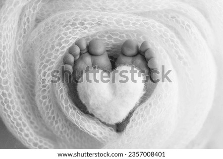 Knitted heart in the legs of baby. The tiny foot of a newborn baby. Soft feet of a new born in a wool blanket. Close up of toes, heels and feet of a newborn. Macro photography. Black and white.