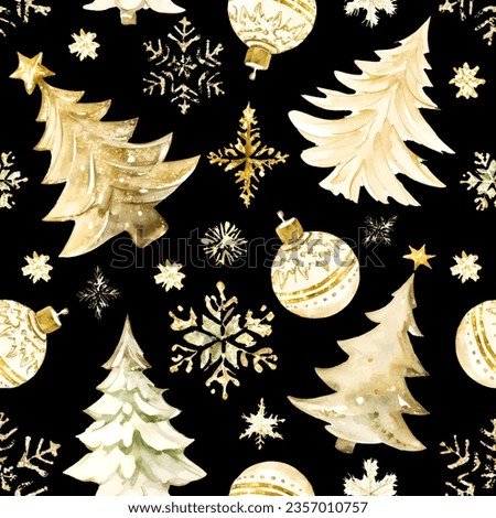 Christmas seamless pattern with golden snowflakes and Christmas tree, balls isolated on black background