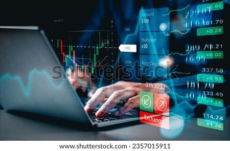 investment, graph, finance, financial, investing, technology, buy, sell, price, business. typing keyboard for invest and gamble to cryptocurrency. red graph is loss profit then green is benefit. Royalty-Free Stock Photo #2357015911