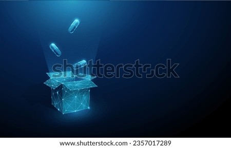 Abstract open gift box and flying medical capsules. Online pharmacy concept. Low poly style design. Blue geometric background. Wireframe light connection structure. Modern 3d graphic concept. Vector. Royalty-Free Stock Photo #2357017289