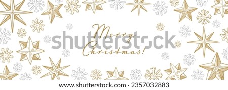 Merry Christmas and Happy New Year horizontal greeting card with hand drawn golden stars and snowflakes. Vector illustration in sketch style. Holiday festive background