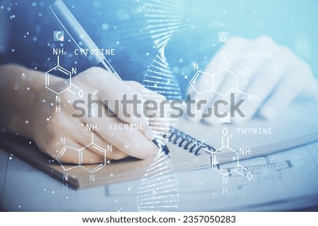 DNA theme hologram over woman's hands writing background. Concept of education. Double exposure