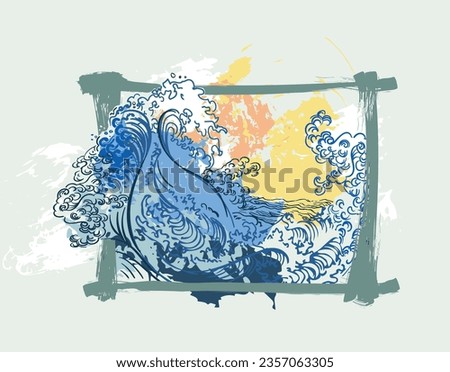 tsumani wave sea japanese chinese traditional vector illustration card background colorful watercolor ink textured