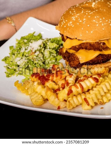 Burger with fries and Caesar salad. Beef, chicken and pork burger. Hands holding hamburger.