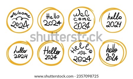 Hello 2024 doodle sticker set. Welcome New Year concept. Handwritten phrase with doodle scribble circle. Black and gold clip art collection. Vector illustration isolated on transparent background