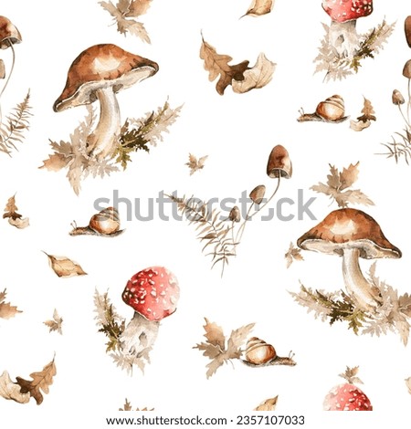 Watercolor floral seamless pattern. Hand painted autumn forest leaves, fern, fall leaf, mushrooms, snail isolated on white background. illustration for card design, harvest print, textile, fabric