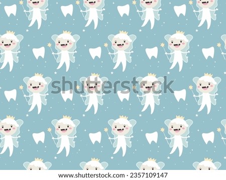 Seamless pattern Tooth Fairy with magic wand and tooth. Vector illustration