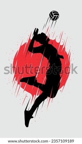 silhouette of female volleyball player hitting hard shot with abstract moon brushstrokes