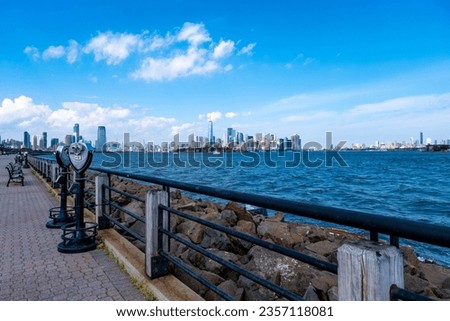 Jersey City, Manhattan and Brooklyn skylines viewed from Liberty State Park in summer
