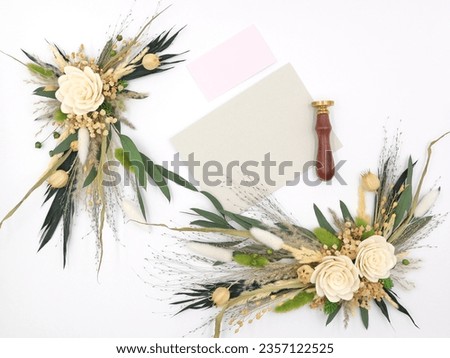 Flatley of flowers on white background, welcome card, business card with space for text, top view. Decor, welcome card. High quality photo