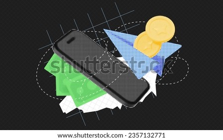 Trendy Halftone Collage Phone with transaction money. Online payments. Mobile banking. Vector retro banner illustration with cutout paper elements. Pop art design