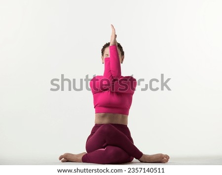 woman doing yoga exercises on white background