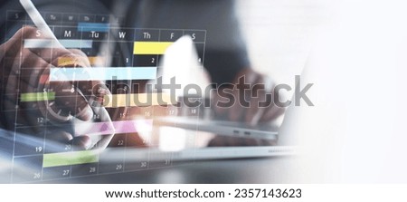 Close up of businessman using digital tablet with calendar planner and organizer to plan and reminder daily appointment, meeting agenda, schedule, timetable, and management, event planning