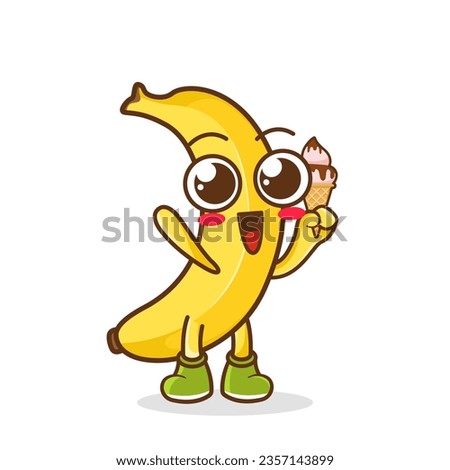 Cute Cartoon banana fruit character holding ice cream cone
