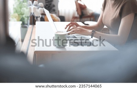 Young woman working on laptop computer in the cafe, female freelancer, blogger online working in coffee shop. Freelance at work, people lifestyle, telecommuting, e-business concept Royalty-Free Stock Photo #2357144065